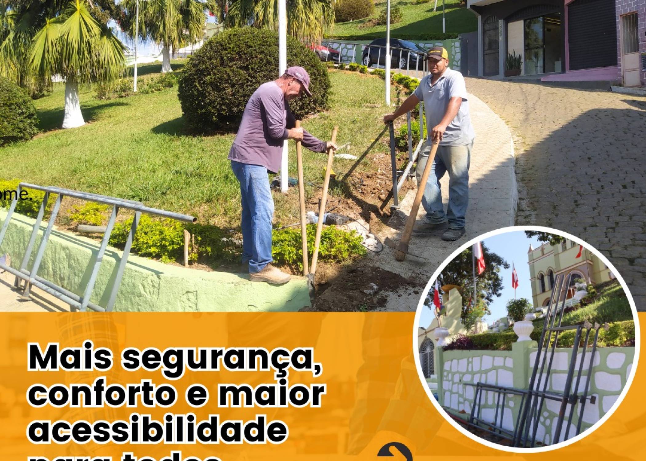 A Prefeitura de Divino está instalando corrimãos ao longo da calçada em frente a Igreja Matriz